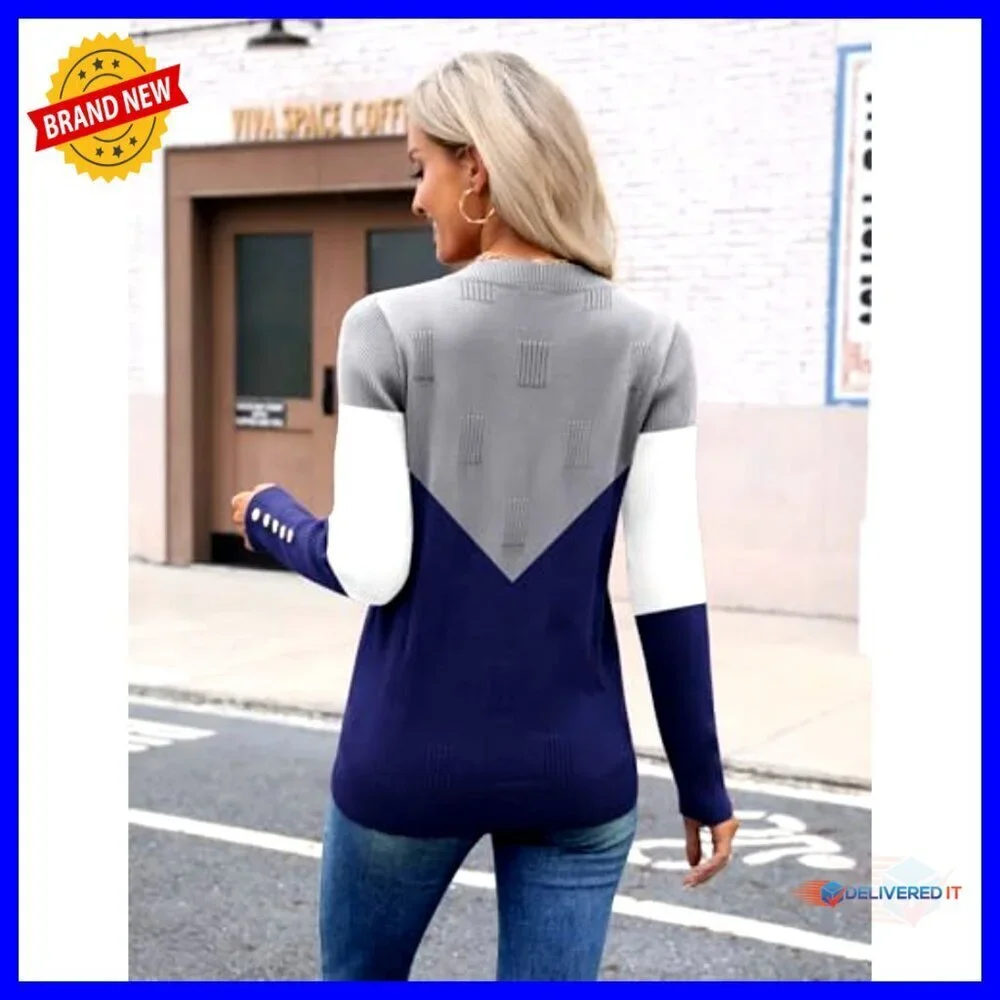 V-Neck Ribbed Knit Pullover Sweater Lightweight Long Sleeve Button Cuff Blouse